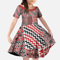 Aotearoa Kowhaiwhai Taniko Patchwork Motifs Family Matching Short Sleeve Bodycon Dress and Hawaiian Shirt LT9 Daughter's Dress Red - Polynesian Pride