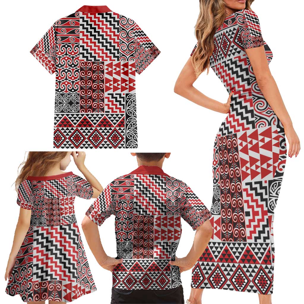 Aotearoa Kowhaiwhai Taniko Patchwork Motifs Family Matching Short Sleeve Bodycon Dress and Hawaiian Shirt LT9 - Polynesian Pride