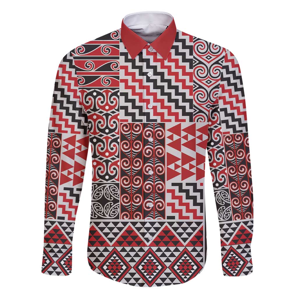 Aotearoa Kowhaiwhai Taniko Patchwork Motifs Family Matching Short Sleeve Bodycon Dress and Hawaiian Shirt LT9 Dad's Shirt - Long Sleeve Red - Polynesian Pride