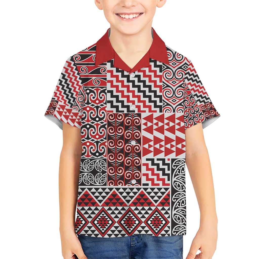 Aotearoa Kowhaiwhai Taniko Patchwork Motifs Family Matching Short Sleeve Bodycon Dress and Hawaiian Shirt LT9 Son's Shirt Red - Polynesian Pride