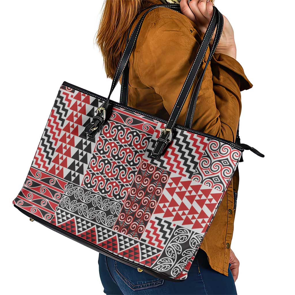 Aotearoa Kowhaiwhai Taniko Patchwork Motifs Leather Tote Bag