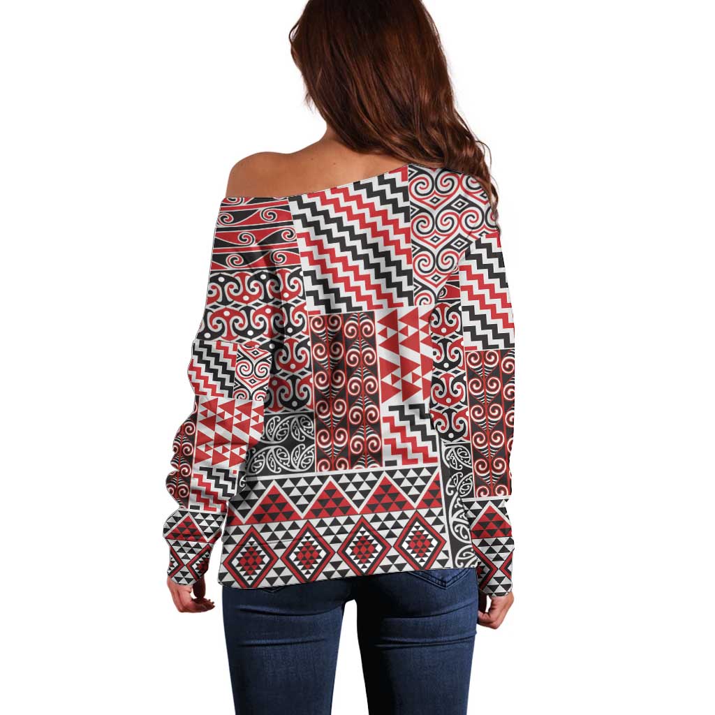 Aotearoa Kowhaiwhai Taniko Patchwork Motifs Off Shoulder Sweater