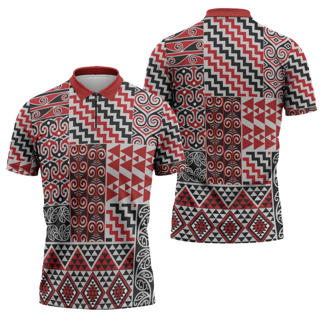Aotearoa Kowhaiwhai Taniko Patchwork Motifs Zipper Polo Shirt - Polynesian Pride