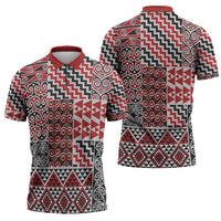 Aotearoa Kowhaiwhai Taniko Patchwork Motifs Zipper Polo Shirt - Polynesian Pride