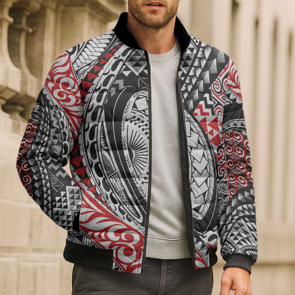 Aotearoa Maori Rugby Tribal Tattoo Bomber Puffer Jacket Kowhaiwhai Taniko Patchwork Motifs - Polynesian Pride