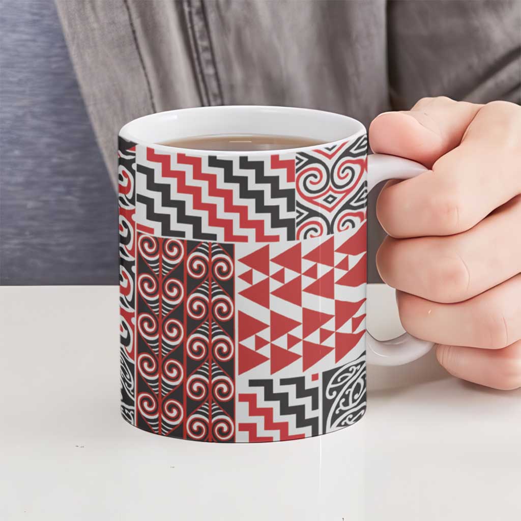 Aotearoa Maori Rugby Tribal Tattoo Ceramic Mug Kowhaiwhai Taniko Patchwork Motifs - Polynesian Pride