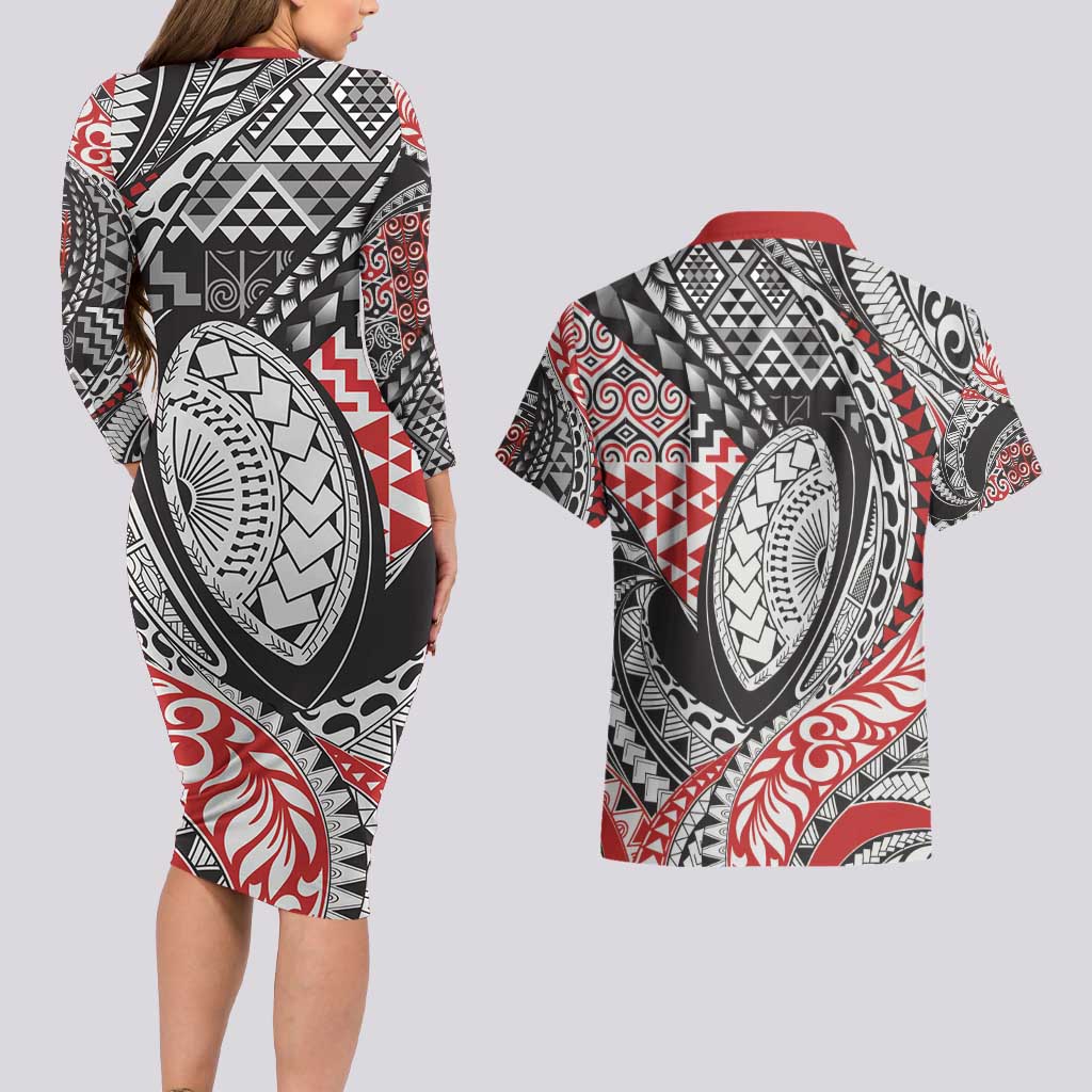 Aotearoa Maori Rugby Tribal Tattoo Couples Matching Long Sleeve Bodycon Dress and Hawaiian Shirt Kowhaiwhai Taniko Patchwork Motifs LT9 - Polynesian Pride