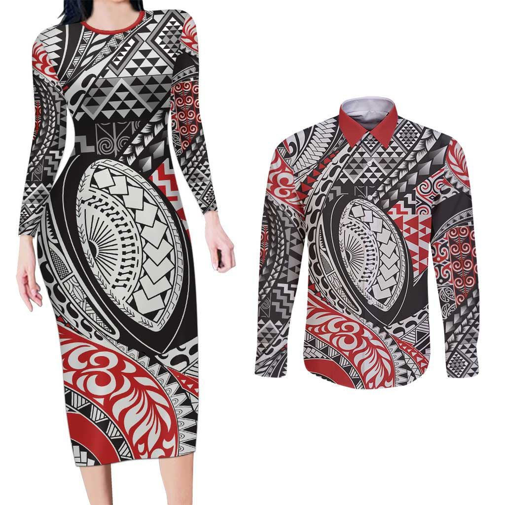 Aotearoa Maori Rugby Tribal Tattoo Couples Matching Long Sleeve Bodycon Dress and Long Sleeve Button Shirt Kowhaiwhai Taniko Patchwork Motifs LT9 Red - Polynesian Pride