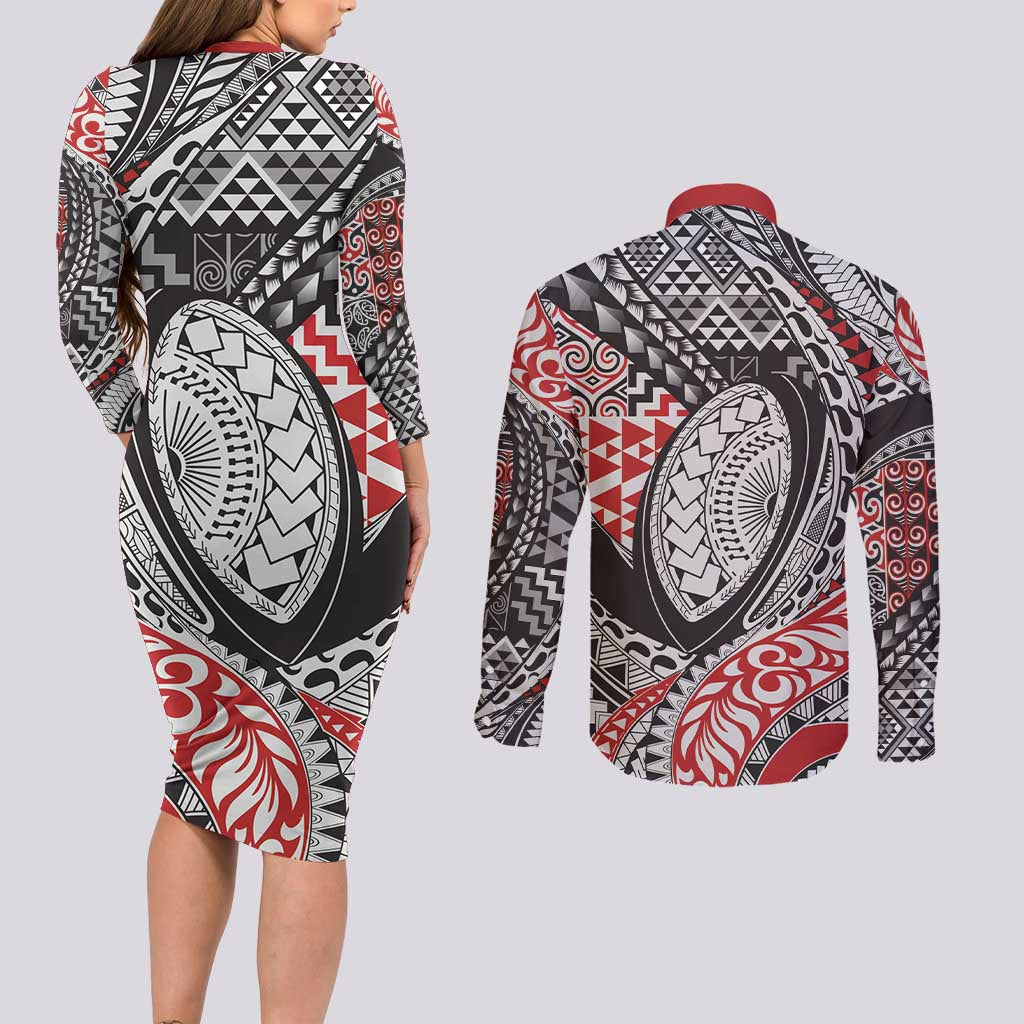 Aotearoa Maori Rugby Tribal Tattoo Couples Matching Long Sleeve Bodycon Dress and Long Sleeve Button Shirt Kowhaiwhai Taniko Patchwork Motifs LT9 - Polynesian Pride