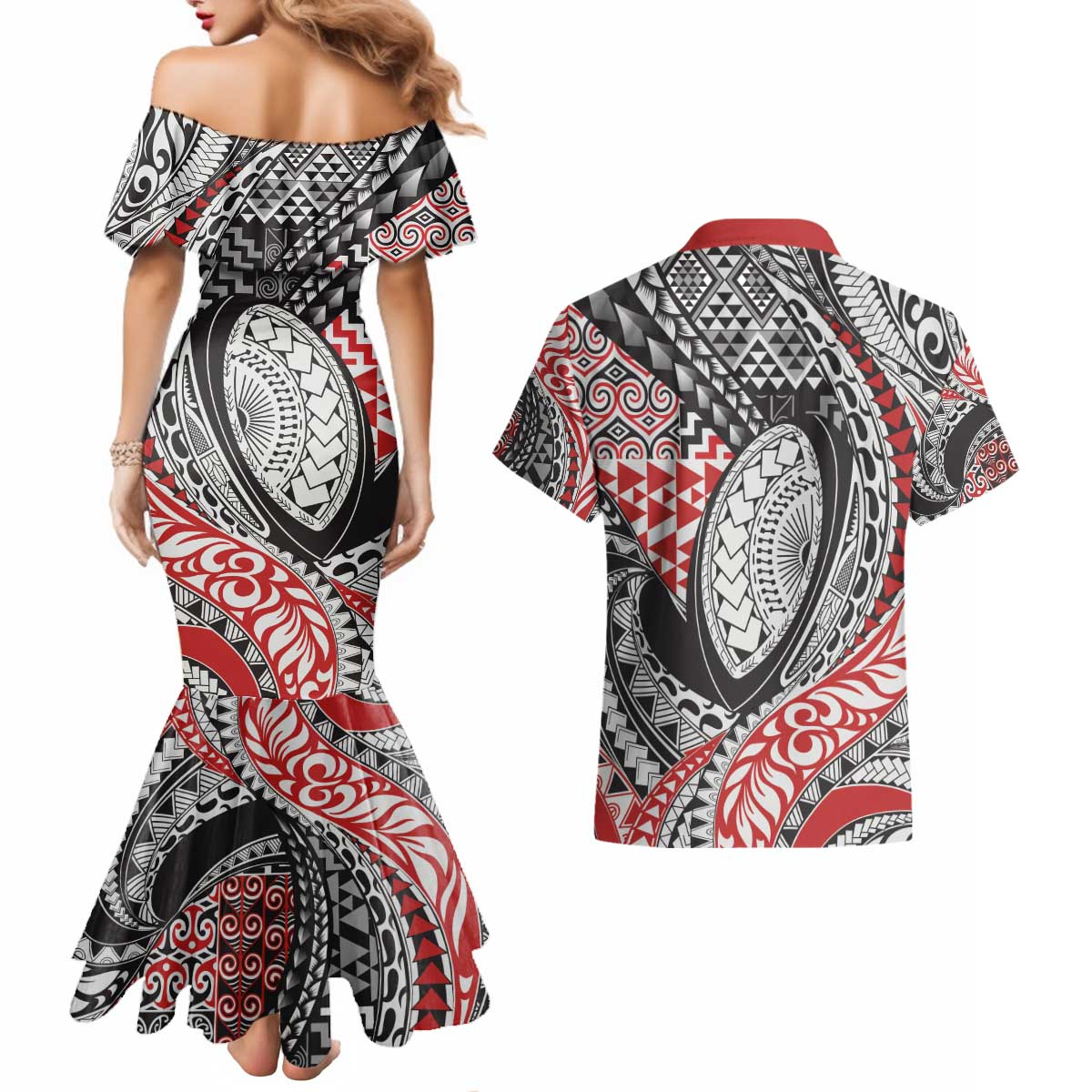 Aotearoa Maori Rugby Tribal Tattoo Couples Matching Mermaid Dress and Hawaiian Shirt Kowhaiwhai Taniko Patchwork Motifs LT9 - Polynesian Pride