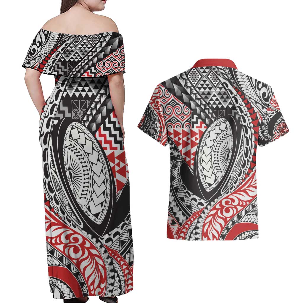 Aotearoa Maori Rugby Tribal Tattoo Couples Matching Off Shoulder Maxi Dress and Hawaiian Shirt Kowhaiwhai Taniko Patchwork Motifs LT9 - Polynesian Pride