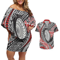 Aotearoa Maori Rugby Tribal Tattoo Couples Matching Off Shoulder Short Dress and Hawaiian Shirt Kowhaiwhai Taniko Patchwork Motifs LT9 Red - Polynesian Pride
