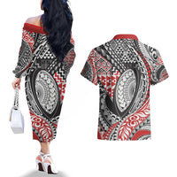 Aotearoa Maori Rugby Tribal Tattoo Couples Matching Off The Shoulder Long Sleeve Dress and Hawaiian Shirt Kowhaiwhai Taniko Patchwork Motifs LT9 - Polynesian Pride
