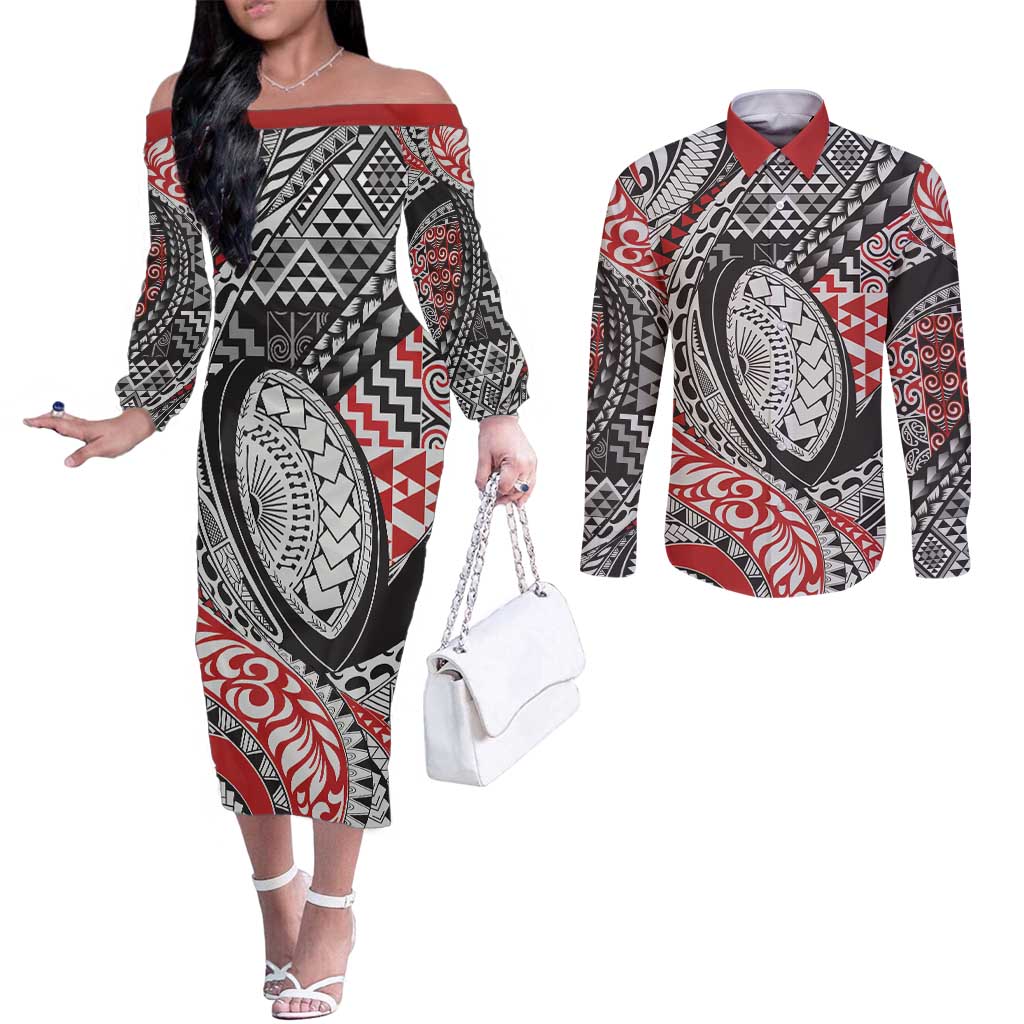Aotearoa Maori Rugby Tribal Tattoo Couples Matching Off The Shoulder Long Sleeve Dress and Long Sleeve Button Shirt Kowhaiwhai Taniko Patchwork Motifs LT9 Red - Polynesian Pride