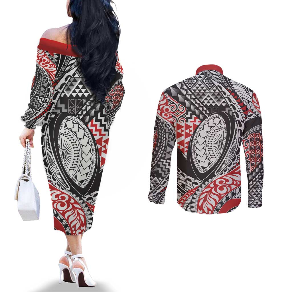 Aotearoa Maori Rugby Tribal Tattoo Couples Matching Off The Shoulder Long Sleeve Dress and Long Sleeve Button Shirt Kowhaiwhai Taniko Patchwork Motifs LT9 - Polynesian Pride