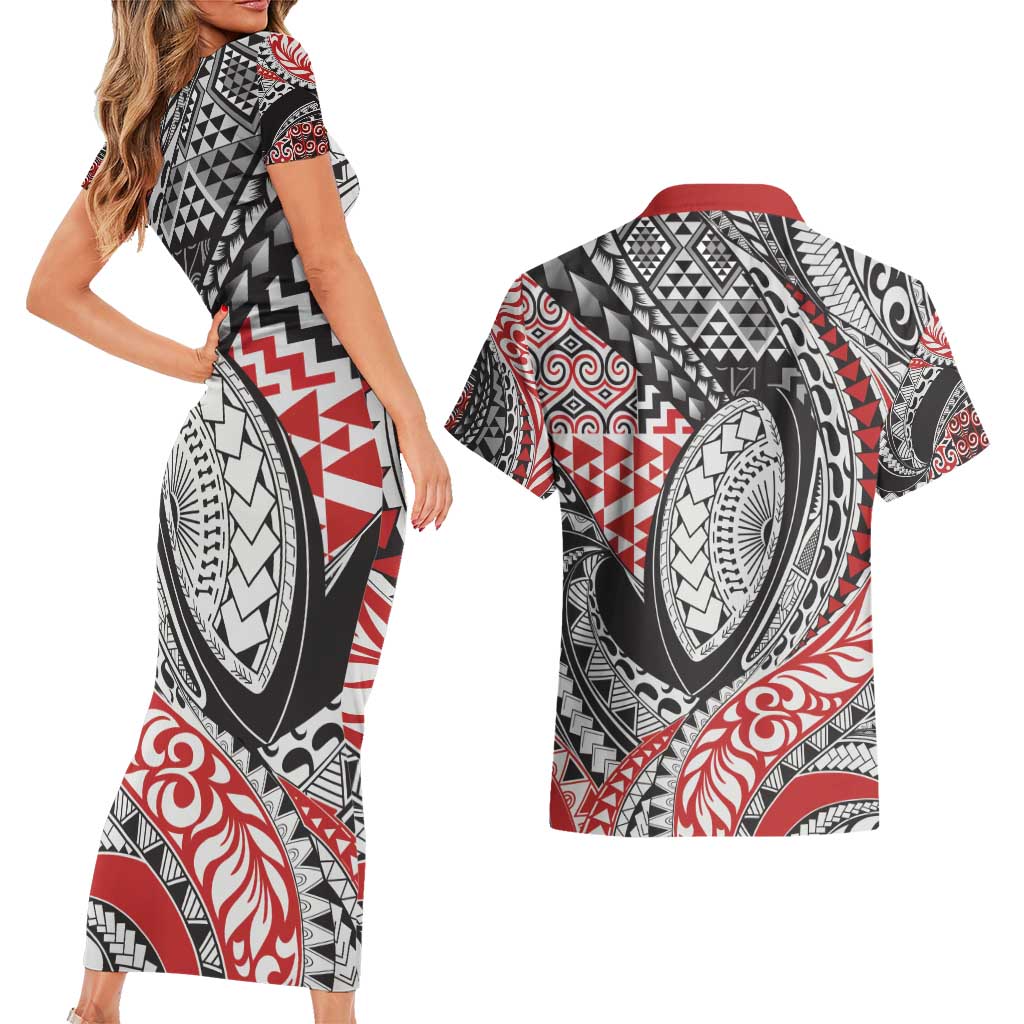 Aotearoa Maori Rugby Tribal Tattoo Couples Matching Short Sleeve Bodycon Dress and Hawaiian Shirt Kowhaiwhai Taniko Patchwork Motifs LT9 - Polynesian Pride