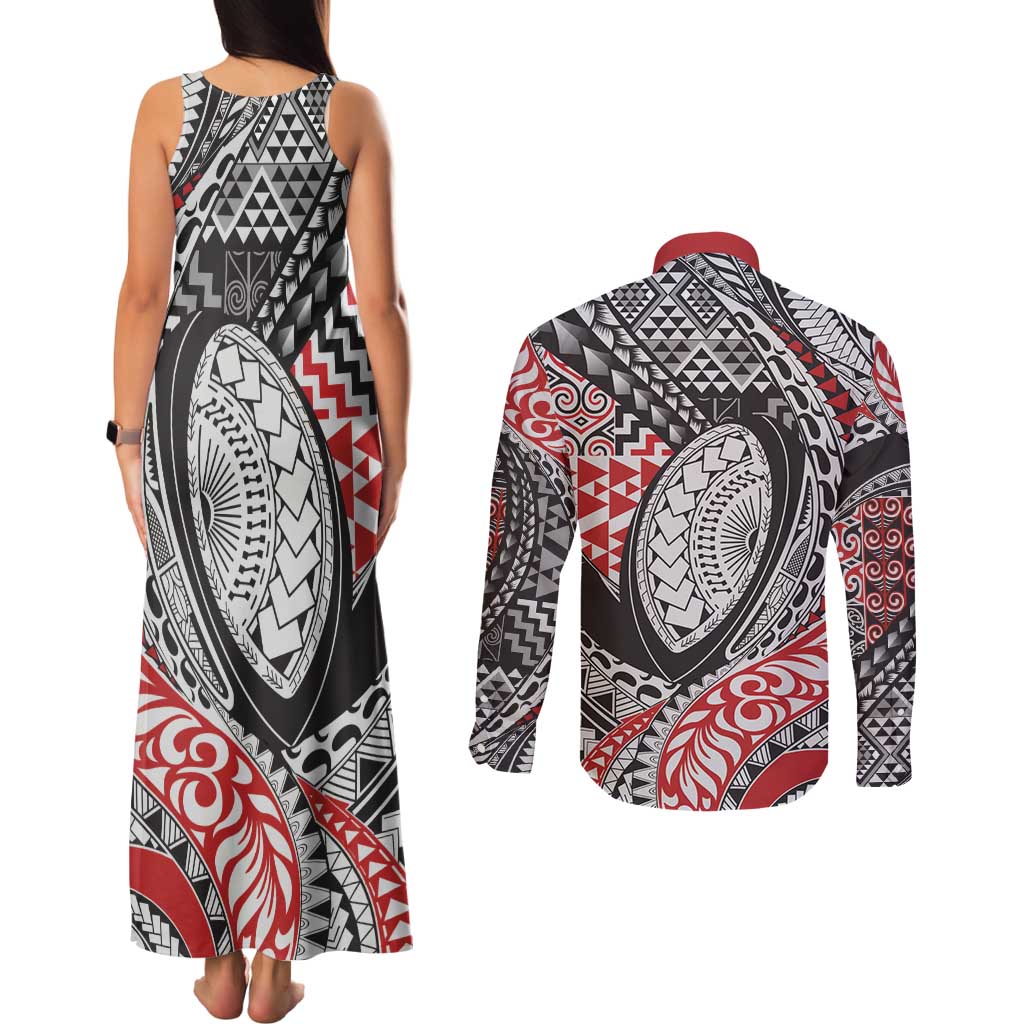 Aotearoa Maori Rugby Tribal Tattoo Couples Matching Tank Maxi Dress and Long Sleeve Button Shirt Kowhaiwhai Taniko Patchwork Motifs LT9 - Polynesian Pride