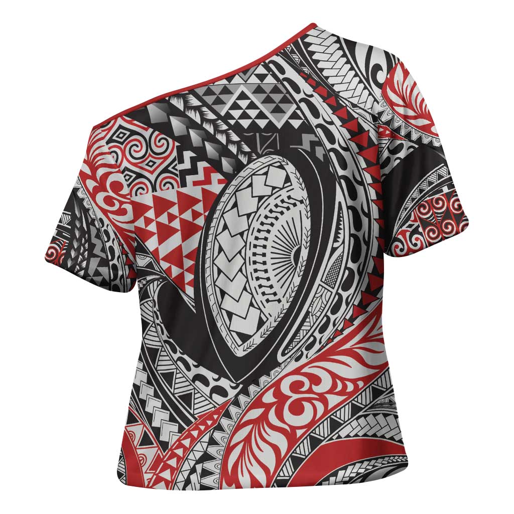 Aotearoa Maori Rugby Tribal Tattoo Cross Shoulder Shirt Kowhaiwhai Taniko Patchwork Motifs - Polynesian Pride