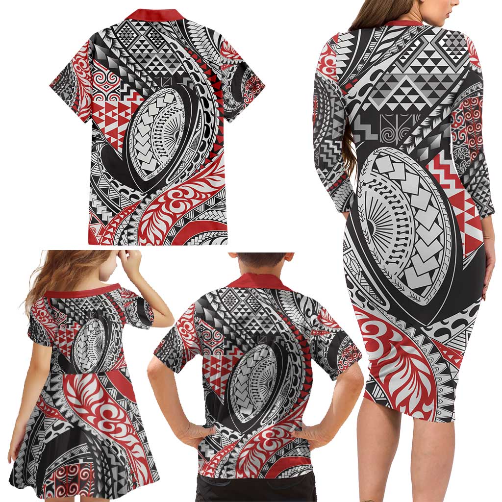 Aotearoa Maori Rugby Tribal Tattoo Family Matching Long Sleeve Bodycon Dress and Hawaiian Shirt Kowhaiwhai Taniko Patchwork Motifs LT9 - Polynesian Pride