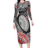 Aotearoa Maori Rugby Tribal Tattoo Family Matching Long Sleeve Bodycon Dress and Hawaiian Shirt Kowhaiwhai Taniko Patchwork Motifs LT9 Mom's Dress Red - Polynesian Pride