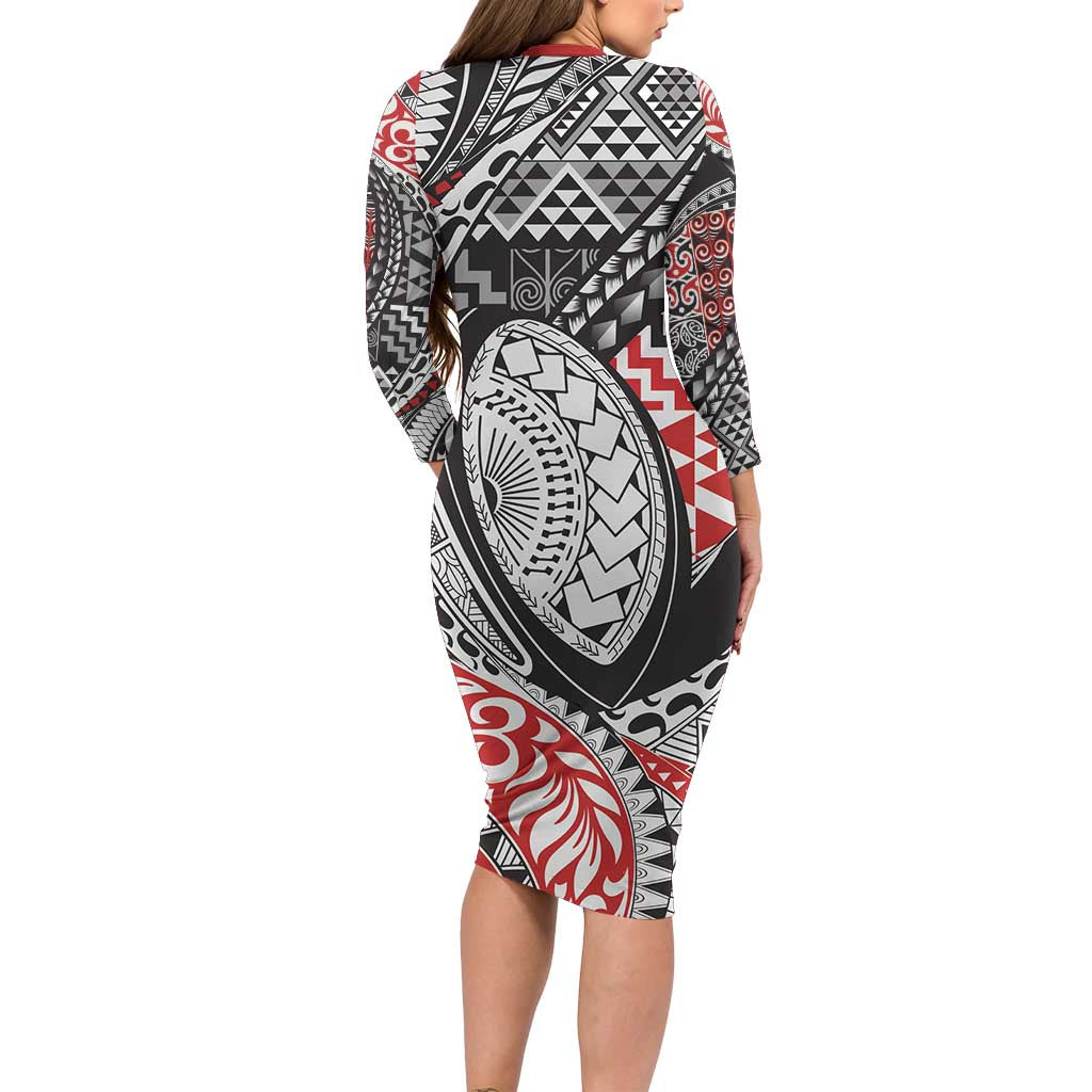 Aotearoa Maori Rugby Tribal Tattoo Family Matching Long Sleeve Bodycon Dress and Hawaiian Shirt Kowhaiwhai Taniko Patchwork Motifs LT9 - Polynesian Pride