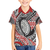 Aotearoa Maori Rugby Tribal Tattoo Family Matching Long Sleeve Bodycon Dress and Hawaiian Shirt Kowhaiwhai Taniko Patchwork Motifs LT9 Son's Shirt Red - Polynesian Pride