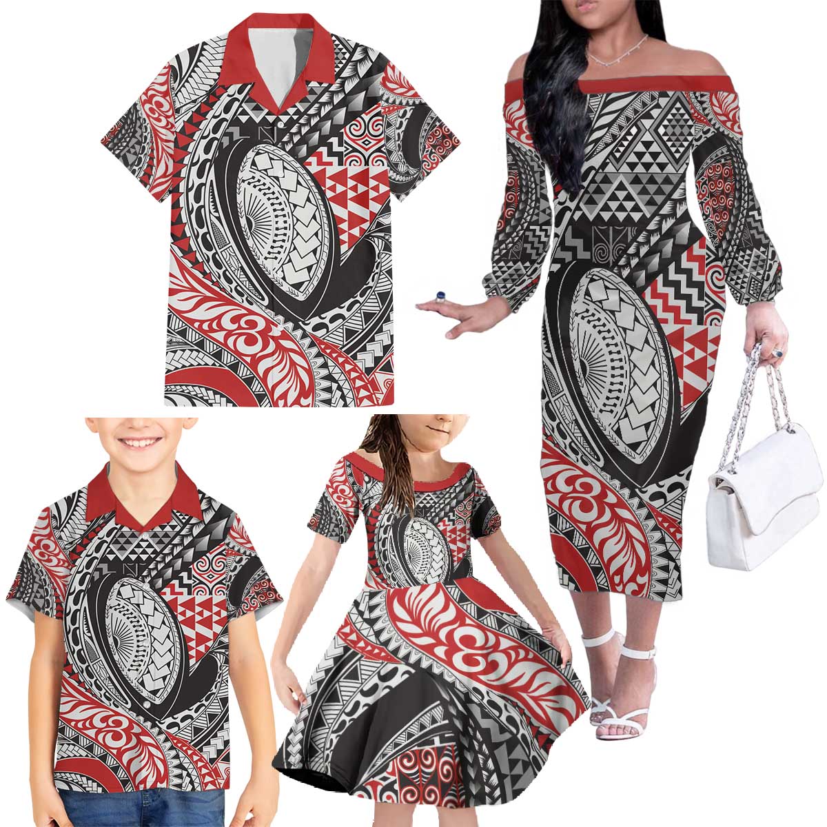 Aotearoa Maori Rugby Tribal Tattoo Family Matching Off The Shoulder Long Sleeve Dress and Hawaiian Shirt Kowhaiwhai Taniko Patchwork Motifs LT9 - Polynesian Pride