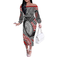 Aotearoa Maori Rugby Tribal Tattoo Family Matching Off The Shoulder Long Sleeve Dress and Hawaiian Shirt Kowhaiwhai Taniko Patchwork Motifs LT9 Mom's Dress Red - Polynesian Pride