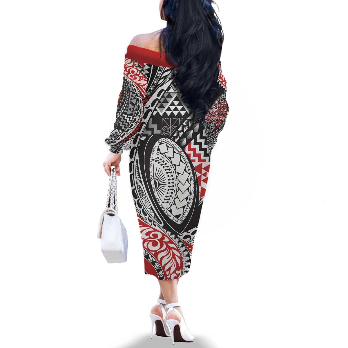 Aotearoa Maori Rugby Tribal Tattoo Family Matching Off The Shoulder Long Sleeve Dress and Hawaiian Shirt Kowhaiwhai Taniko Patchwork Motifs LT9 - Polynesian Pride