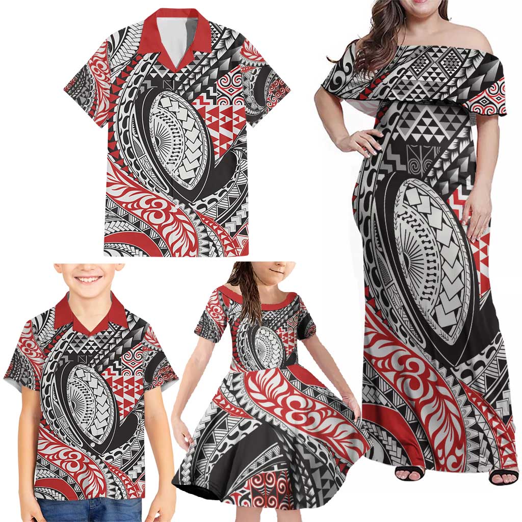 Aotearoa Maori Rugby Tribal Tattoo Family Matching Off Shoulder Maxi Dress and Hawaiian Shirt Kowhaiwhai Taniko Patchwork Motifs LT9 - Polynesian Pride
