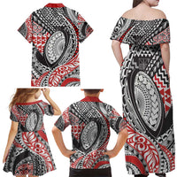 Aotearoa Maori Rugby Tribal Tattoo Family Matching Off Shoulder Maxi Dress and Hawaiian Shirt Kowhaiwhai Taniko Patchwork Motifs LT9 - Polynesian Pride