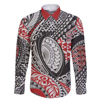 Aotearoa Maori Rugby Tribal Tattoo Family Matching Off Shoulder Maxi Dress and Hawaiian Shirt Kowhaiwhai Taniko Patchwork Motifs LT9 Dad's Shirt - Long Sleeve Red - Polynesian Pride