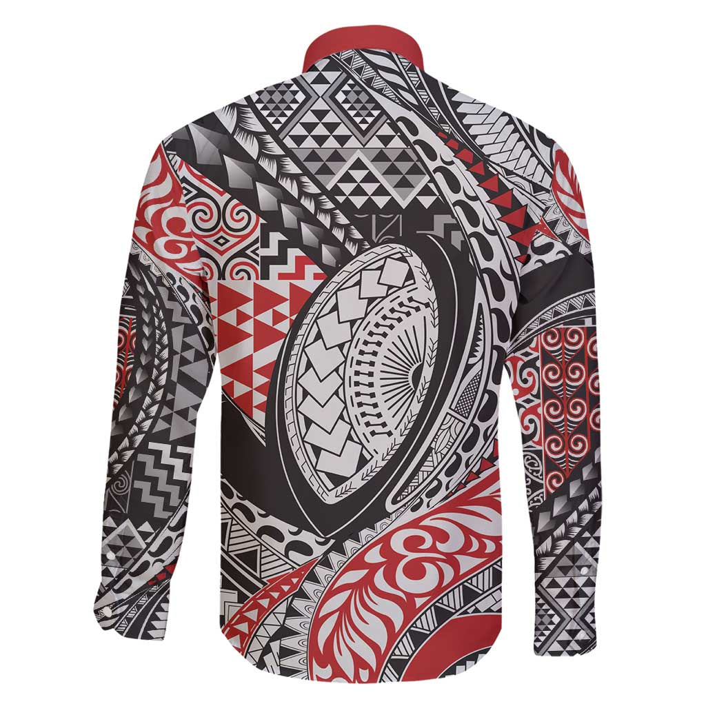 Aotearoa Maori Rugby Tribal Tattoo Family Matching Off Shoulder Maxi Dress and Hawaiian Shirt Kowhaiwhai Taniko Patchwork Motifs LT9 - Polynesian Pride