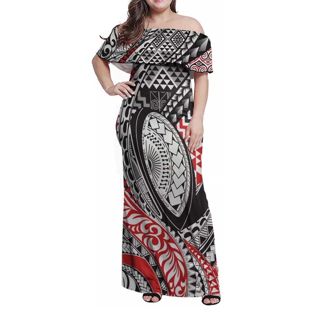 Aotearoa Maori Rugby Tribal Tattoo Family Matching Off Shoulder Maxi Dress and Hawaiian Shirt Kowhaiwhai Taniko Patchwork Motifs LT9 Mom's Dress Red - Polynesian Pride