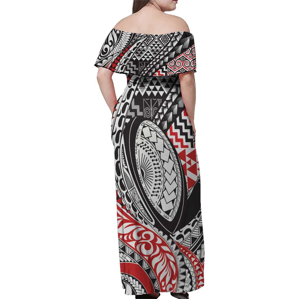 Aotearoa Maori Rugby Tribal Tattoo Family Matching Off Shoulder Maxi Dress and Hawaiian Shirt Kowhaiwhai Taniko Patchwork Motifs LT9 - Polynesian Pride