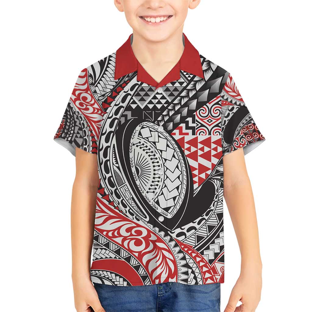 Aotearoa Maori Rugby Tribal Tattoo Family Matching Off Shoulder Maxi Dress and Hawaiian Shirt Kowhaiwhai Taniko Patchwork Motifs LT9 Son's Shirt Red - Polynesian Pride