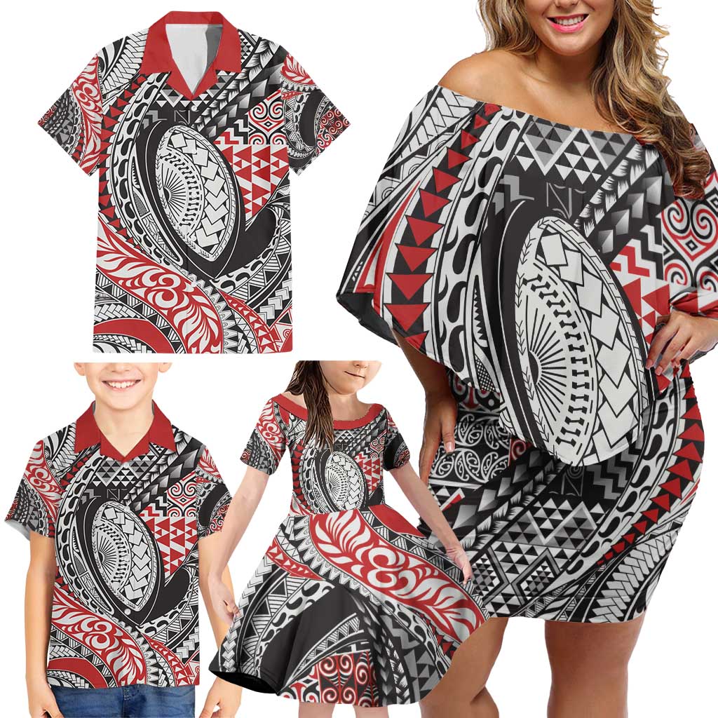 Aotearoa Maori Rugby Tribal Tattoo Family Matching Off Shoulder Short Dress and Hawaiian Shirt Kowhaiwhai Taniko Patchwork Motifs LT9 - Polynesian Pride