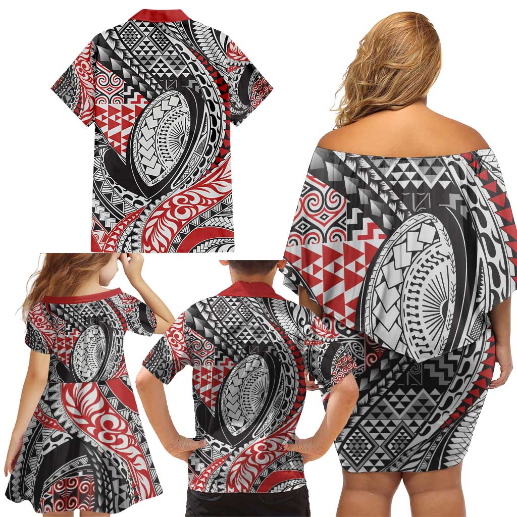 Aotearoa Maori Rugby Tribal Tattoo Family Matching Off Shoulder Short Dress and Hawaiian Shirt Kowhaiwhai Taniko Patchwork Motifs LT9 - Polynesian Pride