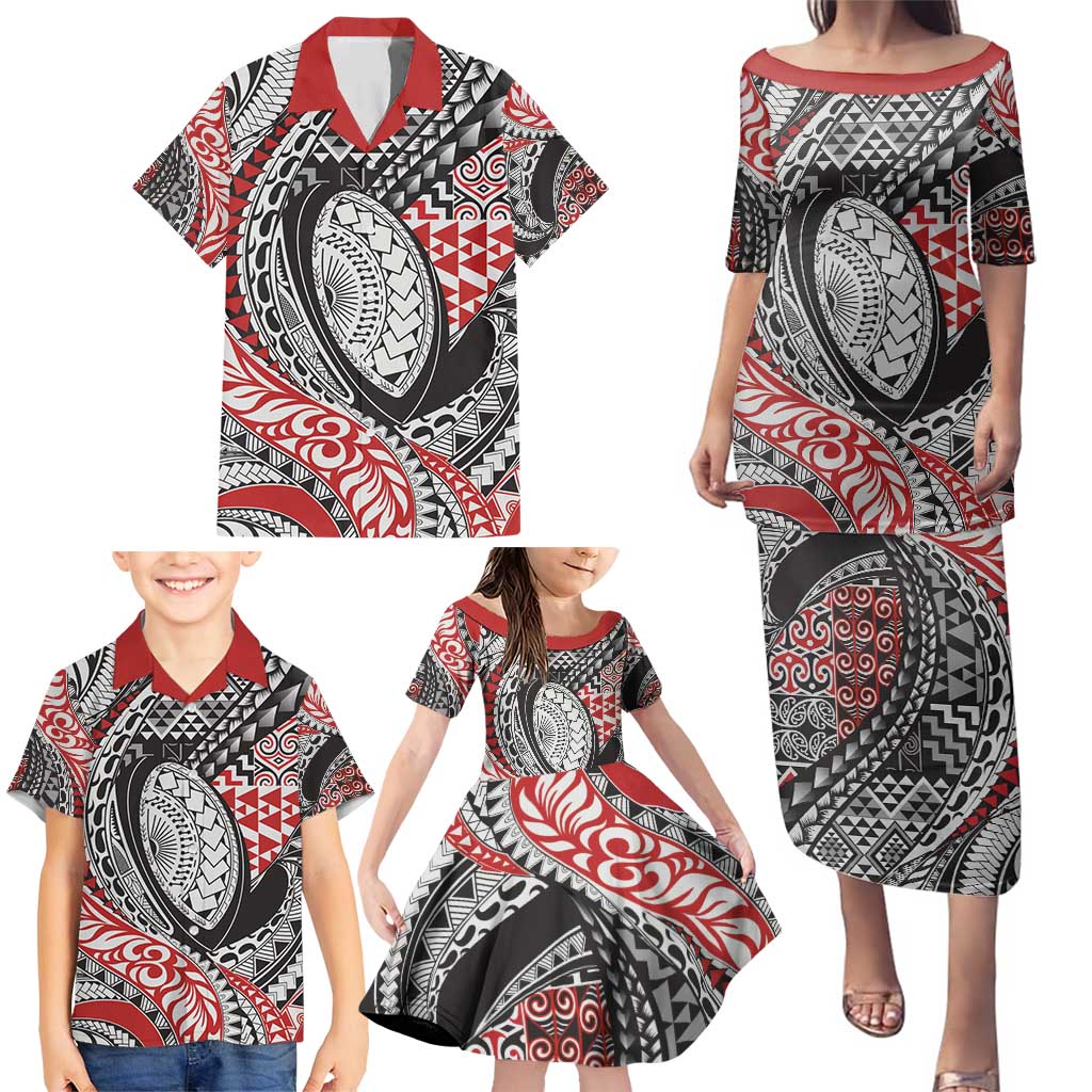 Aotearoa Maori Rugby Tribal Tattoo Family Matching Puletasi and Hawaiian Shirt Kowhaiwhai Taniko Patchwork Motifs LT9 - Polynesian Pride