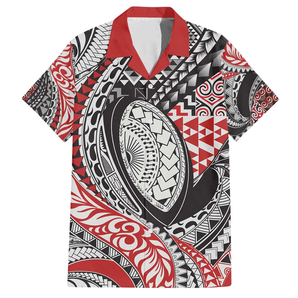 Aotearoa Maori Rugby Tribal Tattoo Family Matching Puletasi and Hawaiian Shirt Kowhaiwhai Taniko Patchwork Motifs LT9 Dad's Shirt - Short Sleeve Red - Polynesian Pride