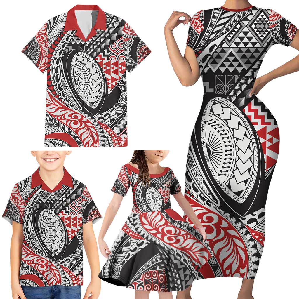 Aotearoa Maori Rugby Tribal Tattoo Family Matching Short Sleeve Bodycon Dress and Hawaiian Shirt Kowhaiwhai Taniko Patchwork Motifs LT9 - Polynesian Pride