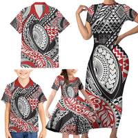 Aotearoa Maori Rugby Tribal Tattoo Family Matching Short Sleeve Bodycon Dress and Hawaiian Shirt Kowhaiwhai Taniko Patchwork Motifs LT9 - Polynesian Pride