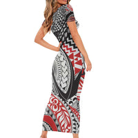 Aotearoa Maori Rugby Tribal Tattoo Family Matching Short Sleeve Bodycon Dress and Hawaiian Shirt Kowhaiwhai Taniko Patchwork Motifs LT9 - Polynesian Pride