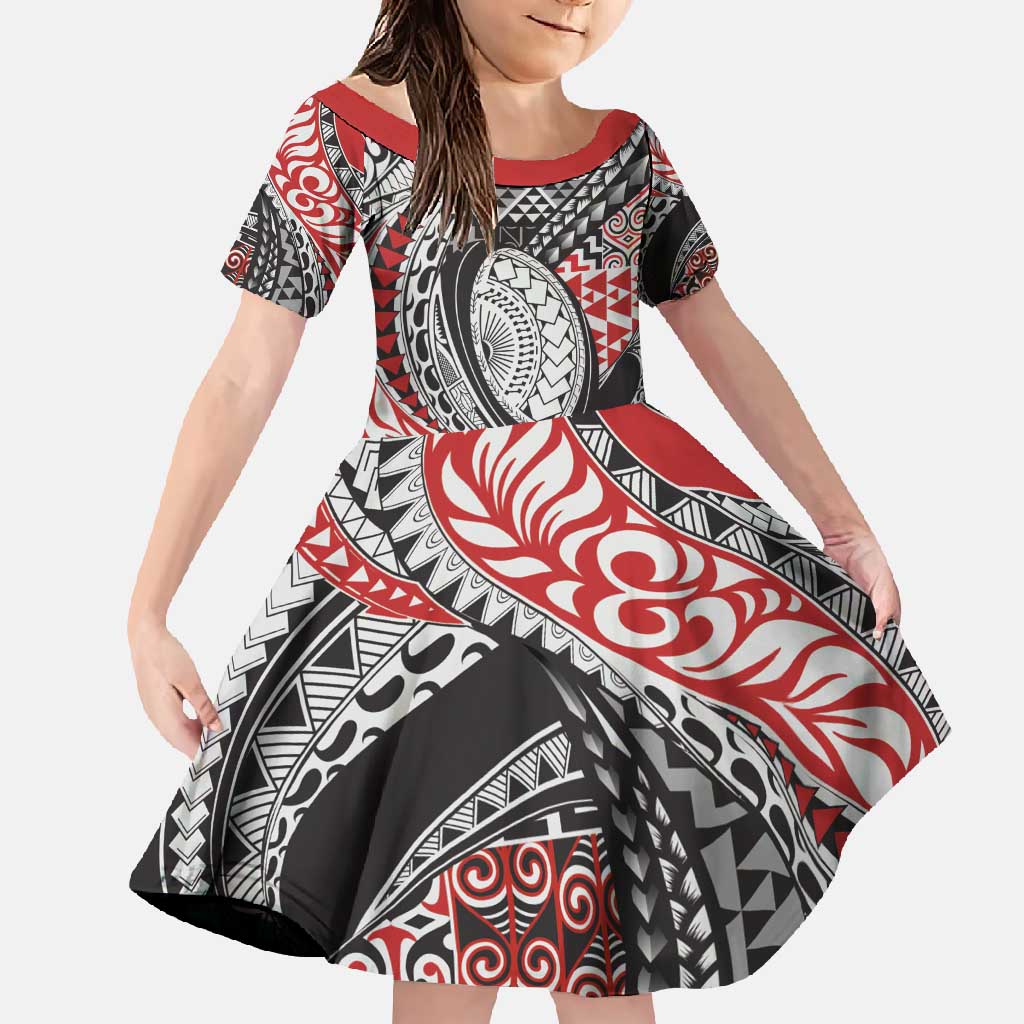 Aotearoa Maori Rugby Tribal Tattoo Family Matching Summer Maxi Dress and Hawaiian Shirt Kowhaiwhai Taniko Patchwork Motifs LT9 Daughter's Dress Red - Polynesian Pride