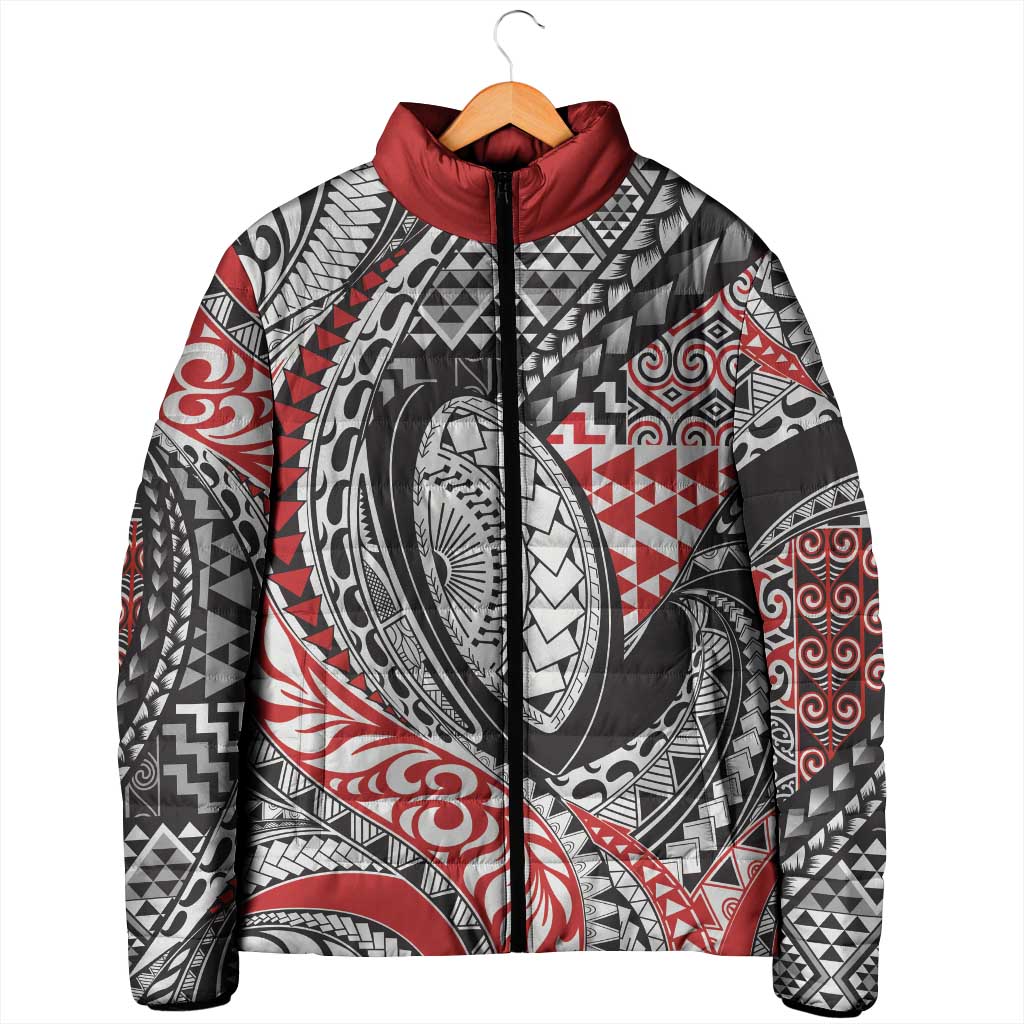Aotearoa Maori Rugby Tribal Tattoo Padded Jacket Kowhaiwhai Taniko Patchwork Motifs - Polynesian Pride