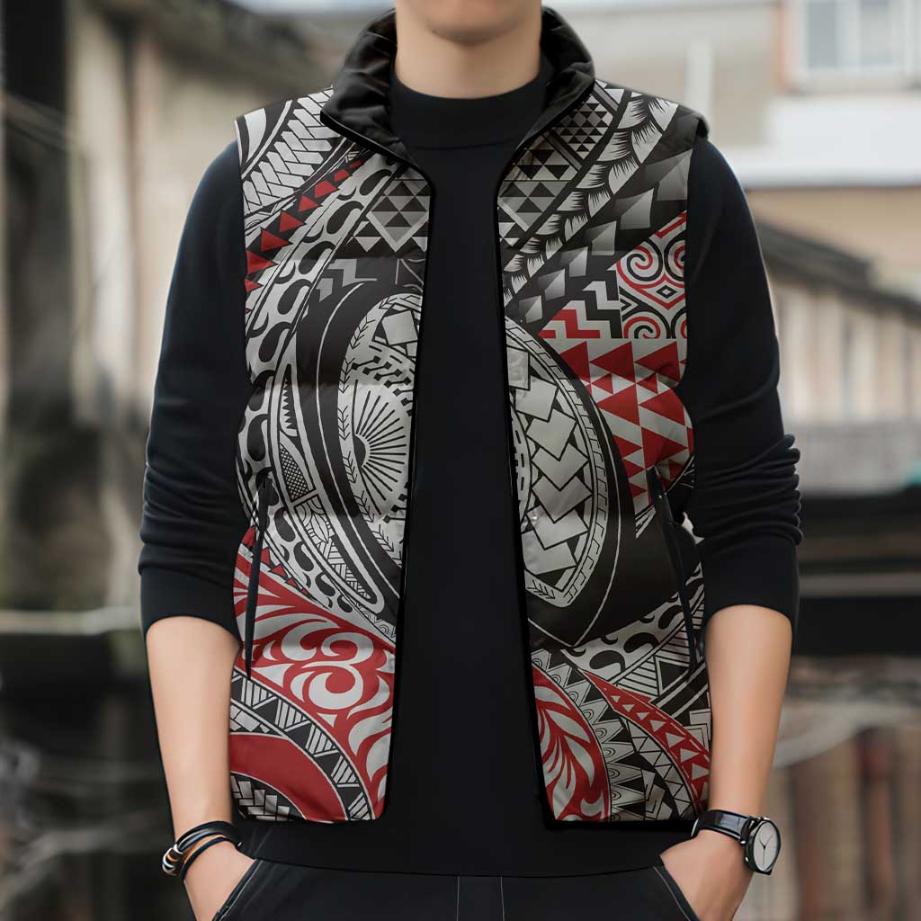 Aotearoa Maori Rugby Tribal Tattoo Sleeveless Puffer Jacket Kowhaiwhai Taniko Patchwork Motifs - Polynesian Pride