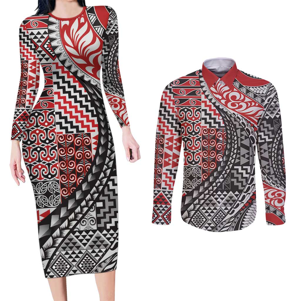Aotearoa Maori Tribal Tattoo Couples Matching Long Sleeve Bodycon Dress and Long Sleeve Button Shirt Kowhaiwhai Taniko Patchwork Motifs LT9 Red - Polynesian Pride