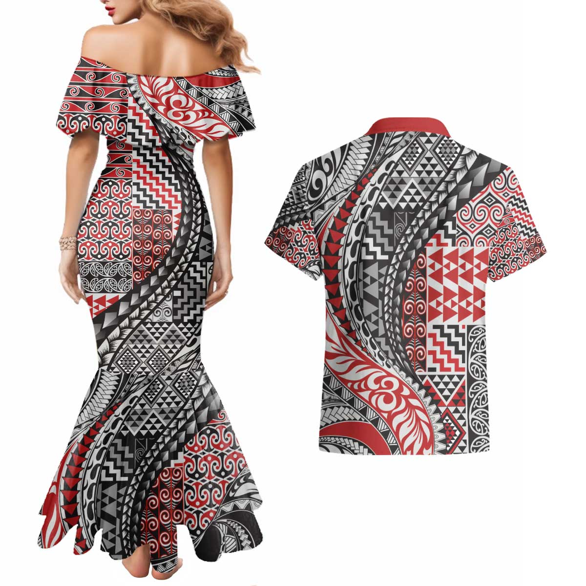 Aotearoa Maori Tribal Tattoo Couples Matching Mermaid Dress and Hawaiian Shirt Kowhaiwhai Taniko Patchwork Motifs LT9 - Polynesian Pride