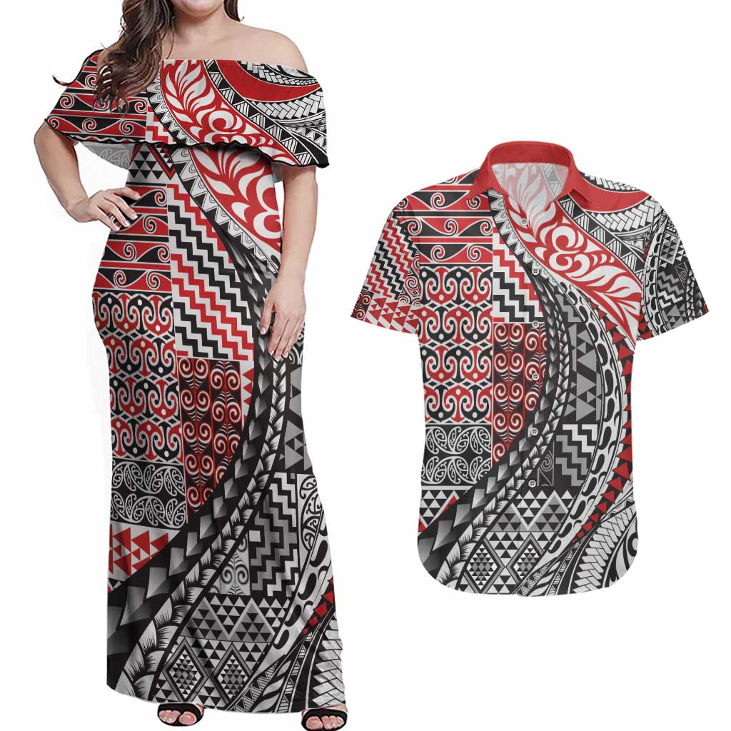 Aotearoa Maori Tribal Tattoo Couples Matching Off Shoulder Maxi Dress and Hawaiian Shirt Kowhaiwhai Taniko Patchwork Motifs LT9 Red - Polynesian Pride