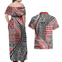 Aotearoa Maori Tribal Tattoo Couples Matching Off Shoulder Maxi Dress and Hawaiian Shirt Kowhaiwhai Taniko Patchwork Motifs LT9 - Polynesian Pride